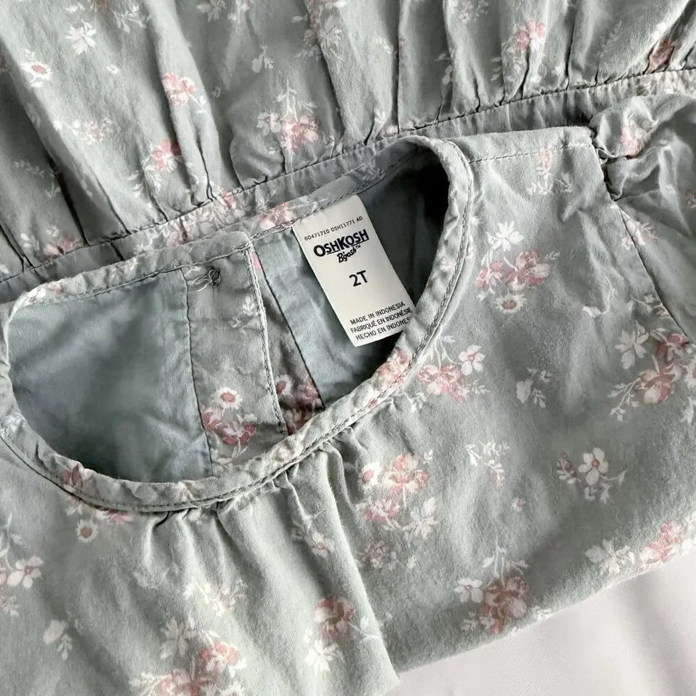 OshKosh Bgosh Toddler Girl 2T Sage Green Floral Tiered Dress Short Sleeve Ruffle